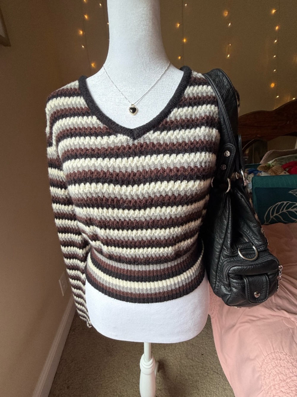 Cider Earth Tone Striped Knit V-Neck Sweater.